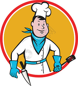 烹饪厨师持有斯帕图拉刀形圆形漫画图片