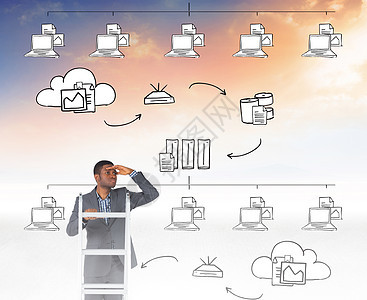 商务人士站在梯梯上观望的复合形象阶梯梯子专注天空涂鸦职业计算男性手绘进步图片