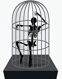 坐在笼子里的脚影牛栏草图冒充骨骼监狱插图框架姿势骨头白色图片