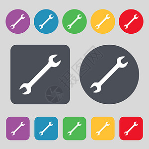 扳手图标符号 由 12 个彩色按钮组成 平坦设计 矢量钥匙机动性服务建设者金属建造机器力量工程师插图图片