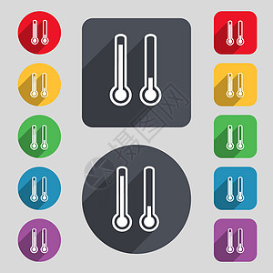 温度计温度图标符号 一组由12个彩色按钮和长阴影组成 平坦的设计 矢量图片