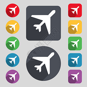 图标符号 一组由12个彩色按钮和长阴影组成 平坦设计 矢量航空公司乘客飞行员行李旅行飞机商业航班运输空气图片