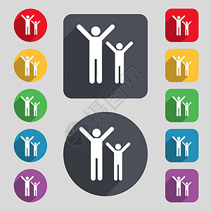 幸福家庭图标符号 一组由12个彩色按钮和长阴影组成的颜色按钮 平坦的设计 矢量图片