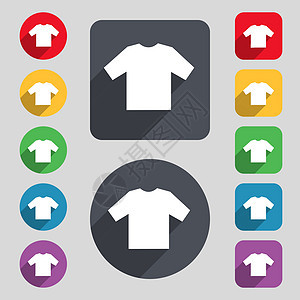 t恤衫图标符号 一组由12个彩色按钮和长阴影组成 平面设计 矢量图片