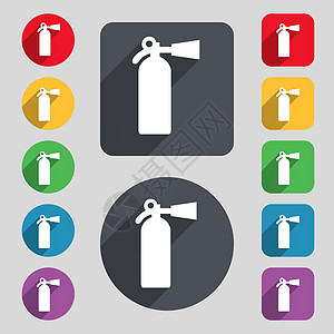 灭火器图标符号 一组由12个彩色按钮和长阴影组成 平面设计 矢量危险标签安全消防队火焰化学品火警事故房子男人图片