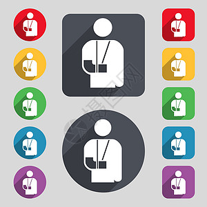 断臂 残疾图标标志 一组 12 个彩色按钮和一个长长的阴影 平面设计 向量图片