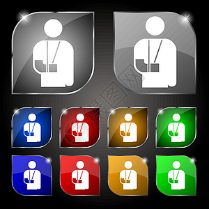 折断臂 残疾图标符号 一组有色调的10个多彩按钮 矢量图片