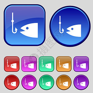 钓鱼图标符号 一组12个旧按钮用于设计 矢量图片