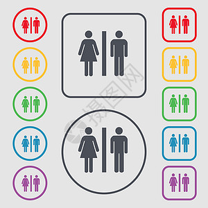 一个男人和一个女人图标标志的轮廓 带有框架的圆形和方形按钮上的符号 向量图片