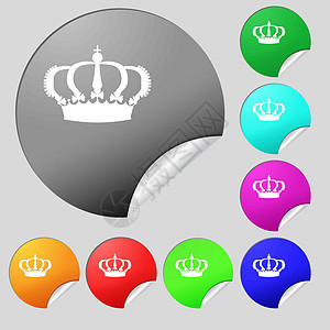 Crown 图标符号 一组 8个多色圆环按钮 标签 矢量王子加冕女王班级王国简写艺术骑士权威君主图片