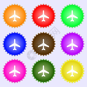 图标符号 一组九种不同颜色的标签 矢量空气手提箱乘客航班行李绝缘旅行天空商业运输图片