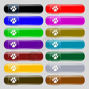 跟踪狗图标符号 从14个多色的玻璃按钮中设定 并设置文字位置 矢量图片