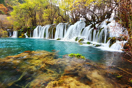 古东瀑布吉扎伊古大风景旅行环境遗产公园世界假期游客旅游箭竹绿色背景