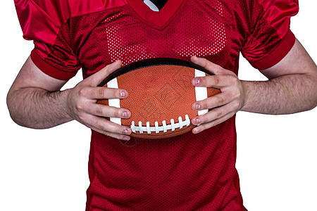美国足球运动员拿着一个球的球男人运动服双手运动男性竞技四分卫红色体育图片