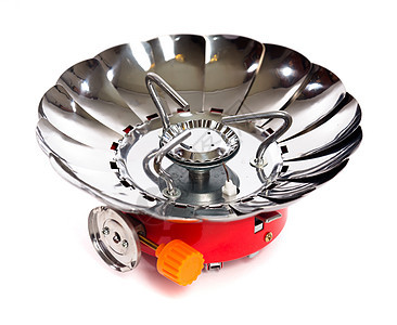 白色背景的气体燃烧器金属丁烷工具火炉丙烷红色炊具烹饪旅行燃料图片