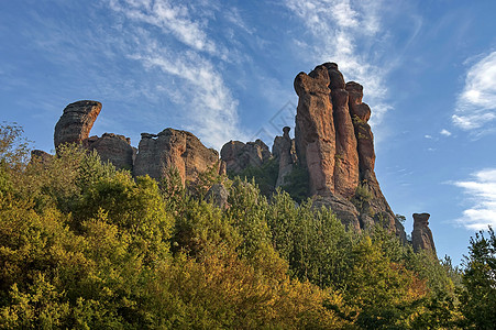贝洛格拉奇克岩石中的岩石群形成天空树木旅游团体岩层阳光图片