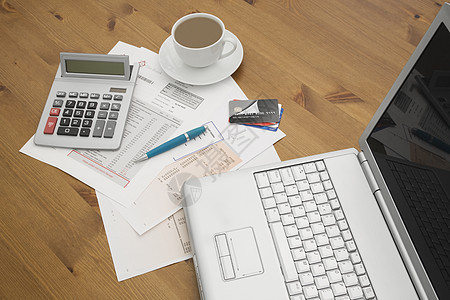一张手提笔记本电脑信用卡和信用卡帐单 一杯咖啡杯子计算银行帐户紧缩债务家庭理财数据库财政图片