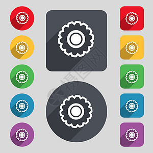 齿轮图标标志 一组 12 个彩色按钮和一个长长的阴影 平面设计 向量图片