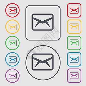 邮件 信封 信件图标符号 圆形上的符号和带框架的方键 矢量图片