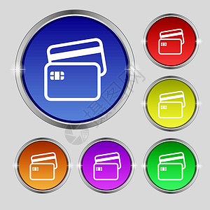 信用卡图标符号 光亮彩色按钮上的圆形符号 矢量零售安全技术取款机身份店铺银行业银行插图塑料图片