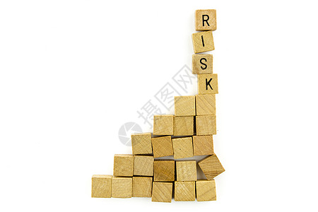 RISK 在木制立方体上的文字 孤立在白色背景上图片