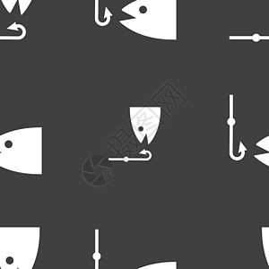 渔船图标符号 灰色背景上的无缝模式 矢量插图钓鱼渔夫海洋游泳工具罗盘爱好运动活动图片