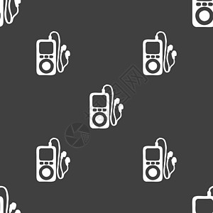 MP3 播放器 耳机 音乐图标符号 灰色背景上的无缝模式 矢量技术电缆插图按钮玩家立体声展示歌曲电子产品视频图片
