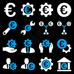 欧元银行业务和服务工具图标黑色人士商务集电极图标集背景银行字形保险大楼图片