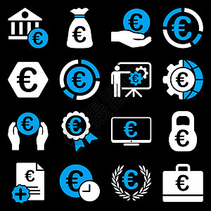 欧元银行业务和服务工具图标展示工厂保险经济收益投资标签订金背景大楼图片