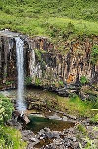 瀑布旅行森林游客叶子溪流旅游衬套树木岩石悬崖图片
