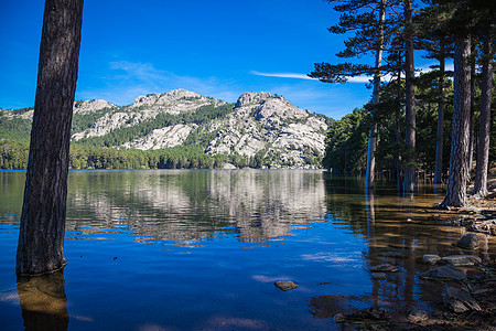 科西卡湖踪迹反射绿色天空蓝色巨石峡谷山脉爬坡岩石图片