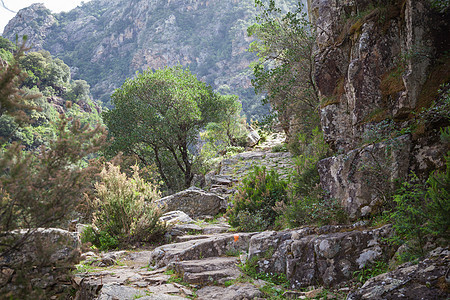 Corsica 陆地景观岩石山脉绿色巨石途径天空爬坡旅行蓝色峡谷图片