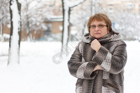 冬季公园的妇女微笑女性皮毛雪花外套衣服乐趣面漆毛皮天气图片