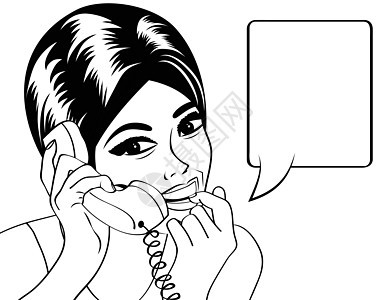 女人在电话上聊天 用黑色和湿黑的流行艺术插图气泡秘书气球演讲广告眼睛头发公告框架流行音乐图片