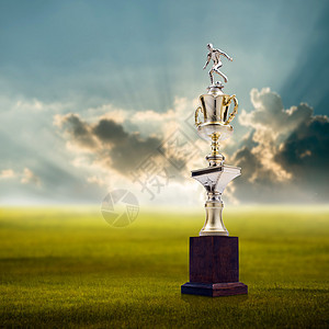 足球奖杯 风景背景良好 成功概念运动金子植物优胜者联盟竞赛冠军天空庆典战利品图片