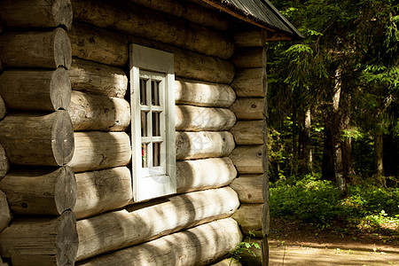 俄罗斯森林中的原木木木屋场景房子绿色乡村小屋木材文化阳光别墅甲板图片