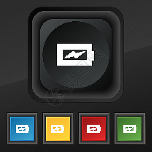 电池充电图标符号 用于设计设计的黑纹理上5个彩色 时髦的按钮集 矢量图片