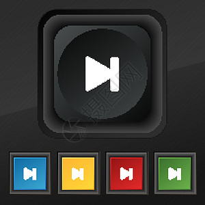 下个音轨图标符号 在黑色纹理上为您设计的五个彩色 时髦按钮集 矢量插图视频音乐倒带网络玩家按钮图片