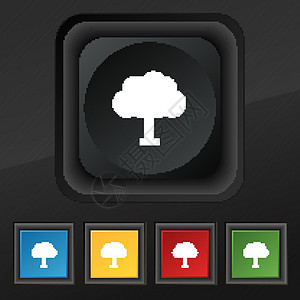 树 森林图标符号 用于设计设计的黑纹理上五个彩色 时髦的按钮集 矢量图片