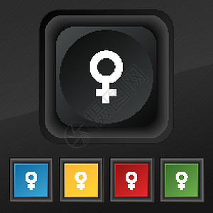 符号性别 女性 女人性图标符号 为您的设计设置黑色纹理上的五个色彩缤纷 时尚的按钮 向量图片