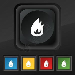 火焰图标符号 在黑色纹理上为您设计一套五色 时髦的扣子 矢量圆形标签插图营火漩涡按钮创造力海豹邮票令牌图片
