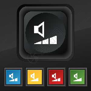 音量 声音图标符号 在用于设计的黑色纹理上设置五个彩色 时髦的按钮 矢量金属音乐控制技术界面插图背景图片