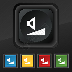 音量 声音图标符号 在用于设计的黑色纹理上设置五个彩色 时髦的按钮 矢量技术金属音乐界面控制插图背景图片