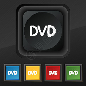 dvd 图标符号 在用于设计设计的黑色纹理上设置5个彩色 时髦的按钮 矢量产品纸板程序艺术品插图软件石墨办公室网络广告图片