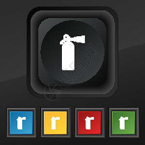 灭火器图标符号 在用于设计设计的黑色纹理上设置5个彩色 时髦的按钮 矢量图片