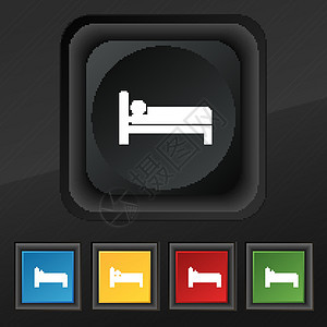 酒店图标符号 在黑色纹理上设置五个彩色 时髦的按钮 用于设计 矢量图片