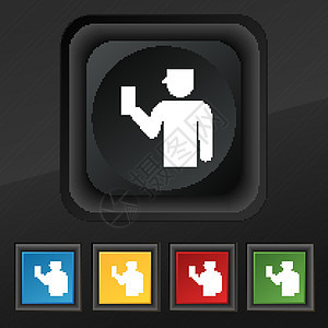 检查器图标符号 在黑色纹理上设置五个彩色 时髦的按钮 用于设计 矢量图片