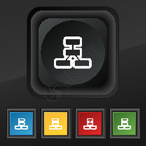 网络图标符号 在黑色纹理上设置五个彩色 时髦的按钮 用于设计 矢量图片