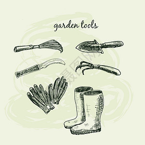 花园工具插图园艺叶子手套打扫衬套橡胶涂鸦割灌机靴子图片