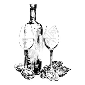 瓶酒 牡蛎和两个杯子插图瓶子贝类绘画蚀刻手绘生蚝玻璃墨水酒精图片